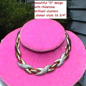 Vintage CROWN TRIFARI Gold Tone Rhinestone Criss Cross Collar NECKLACE